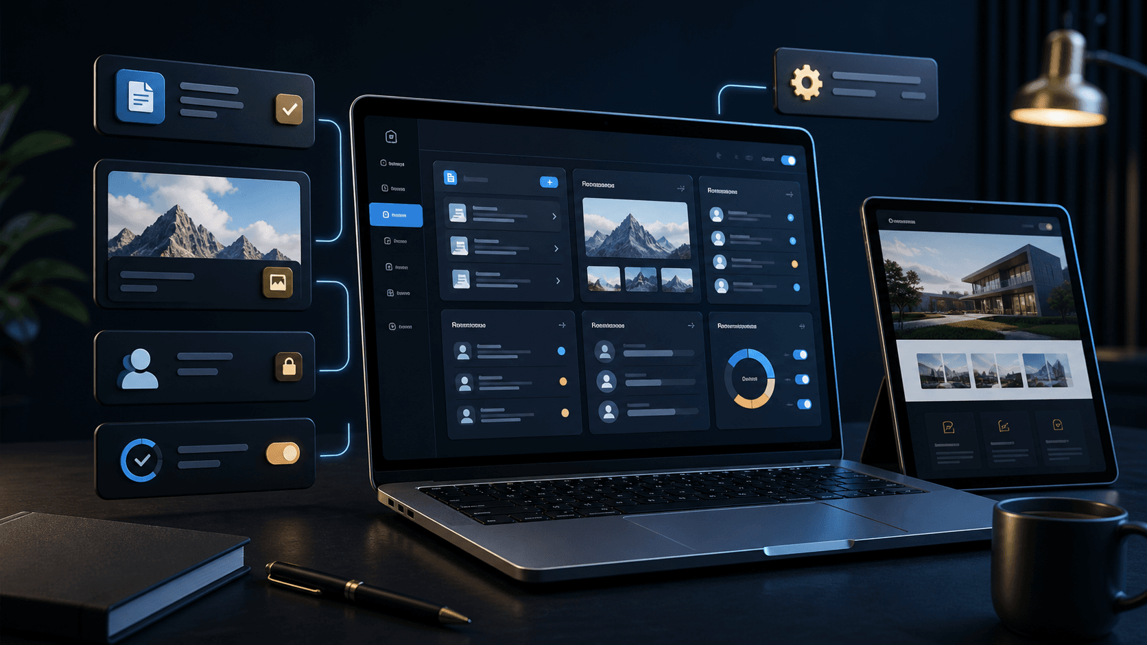 Laptop mit Admin-Dashboard, Inhaltskarten, Rollen und Vorschauansicht