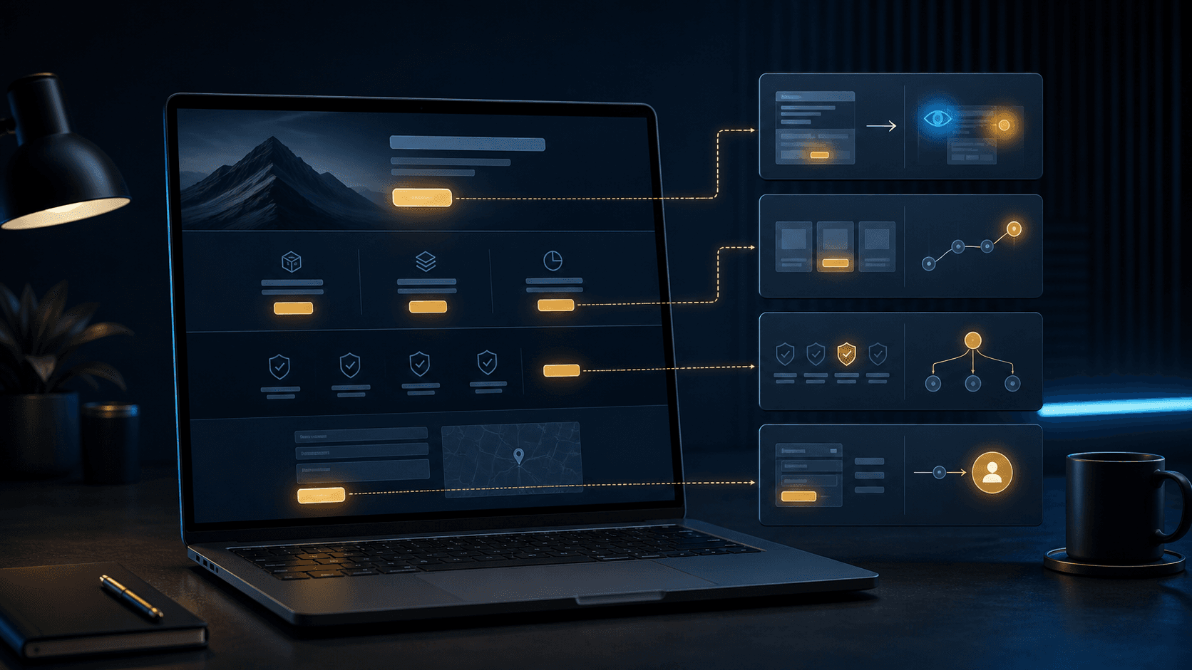 Laptop mit Website-Layout, hervorgehobenen Call-to-Action-Buttons und Entscheidungspfad