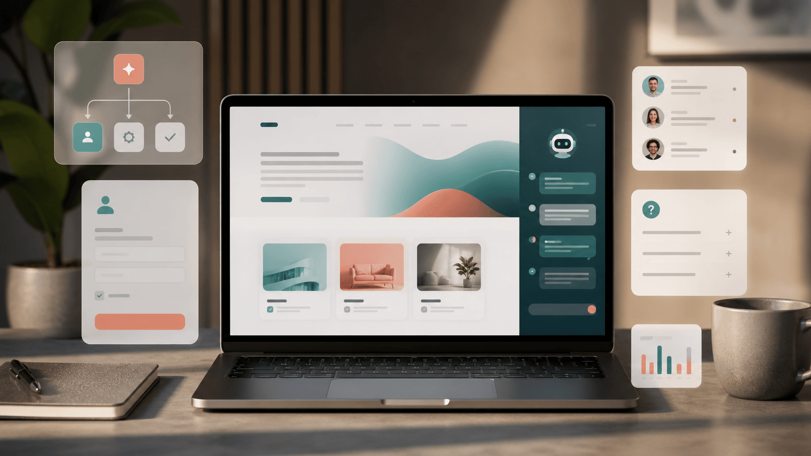 Laptop mit Website, KI-Assistent und digitalen Workflow-Karten