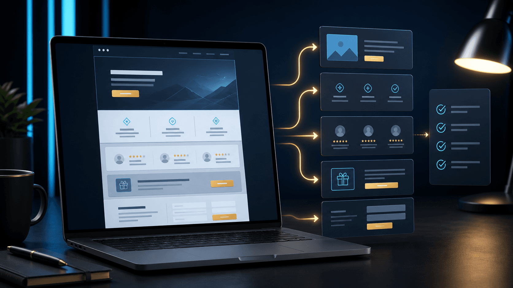 Laptop mit Landingpage-Struktur, Conversion-Pfad und digitalen Planungskarten