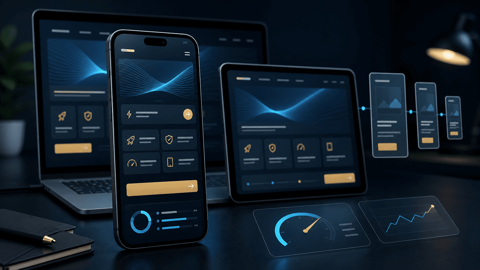 Smartphone mit responsiver Website, Performancekarten und Geräteansichten
