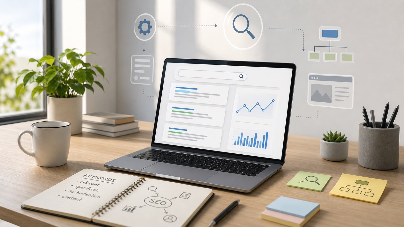 Laptop mit Suchergebnissen, Keyword-Notizen und SEO-Struktur
