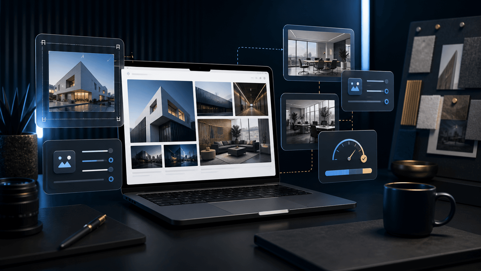 Laptop mit Bildergalerie, Zuschnittkarten und Optimierungsanzeigen