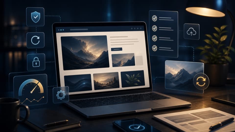 Laptop mit Website-Wartung, Checklisten und Update-Symbolen