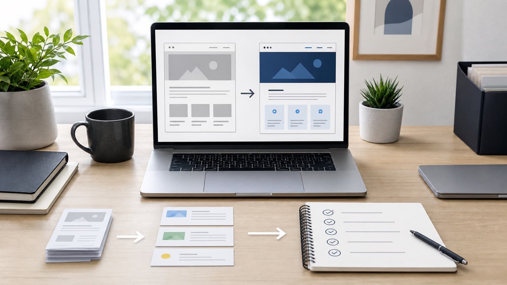 Laptop mit Website-Relaunch, Inhaltskarten und Checkliste