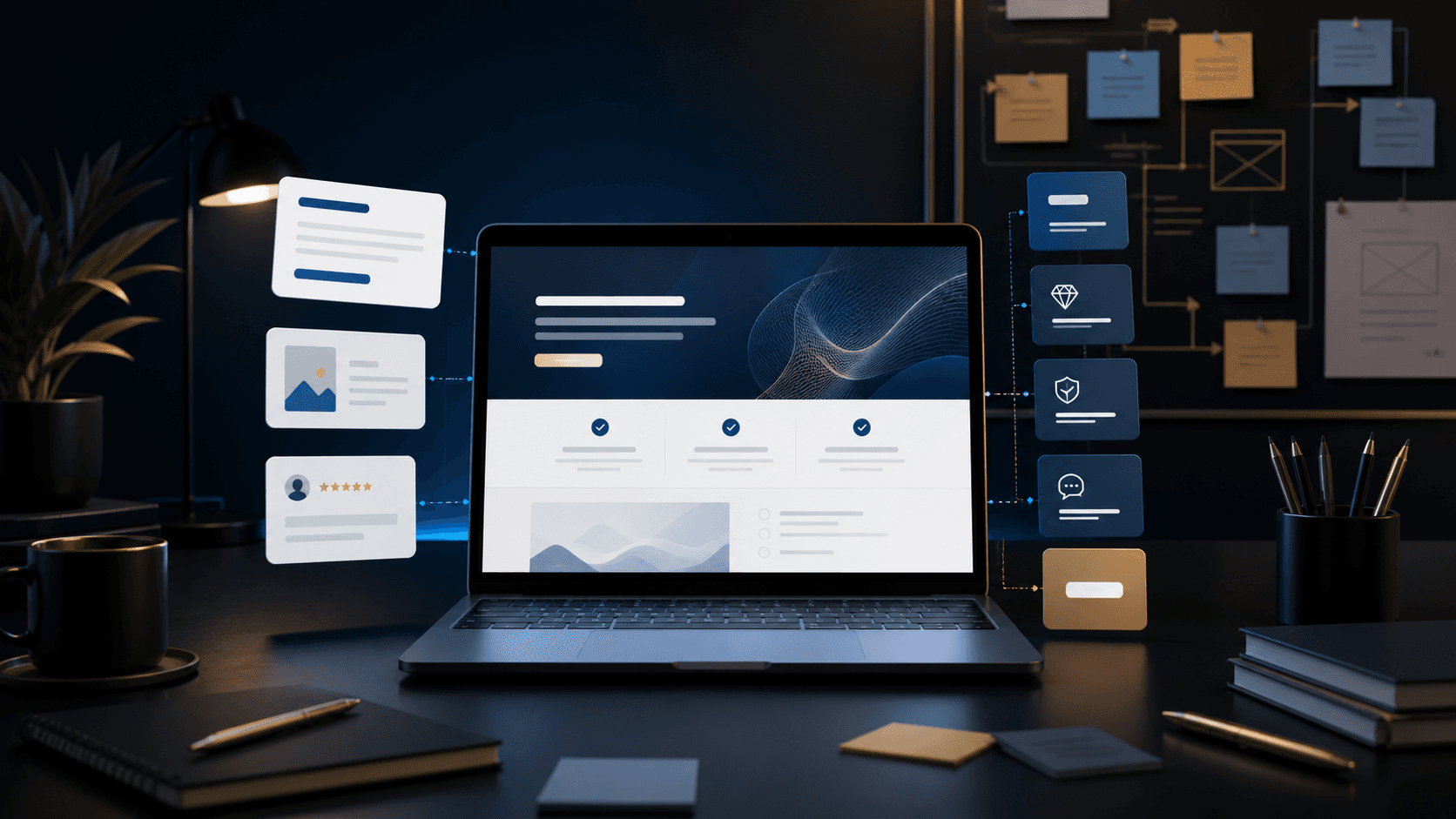 Laptop mit Website-Textstruktur, Inhaltskarten und redaktionellem Plan