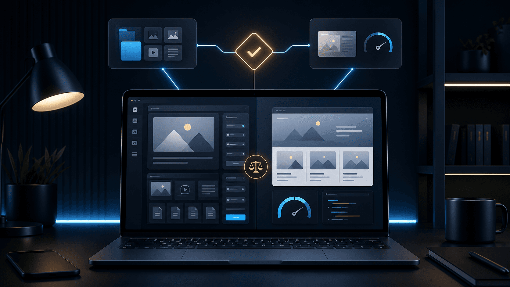Laptop mit Vergleich zwischen CMS-Dashboard und schneller statischer Website