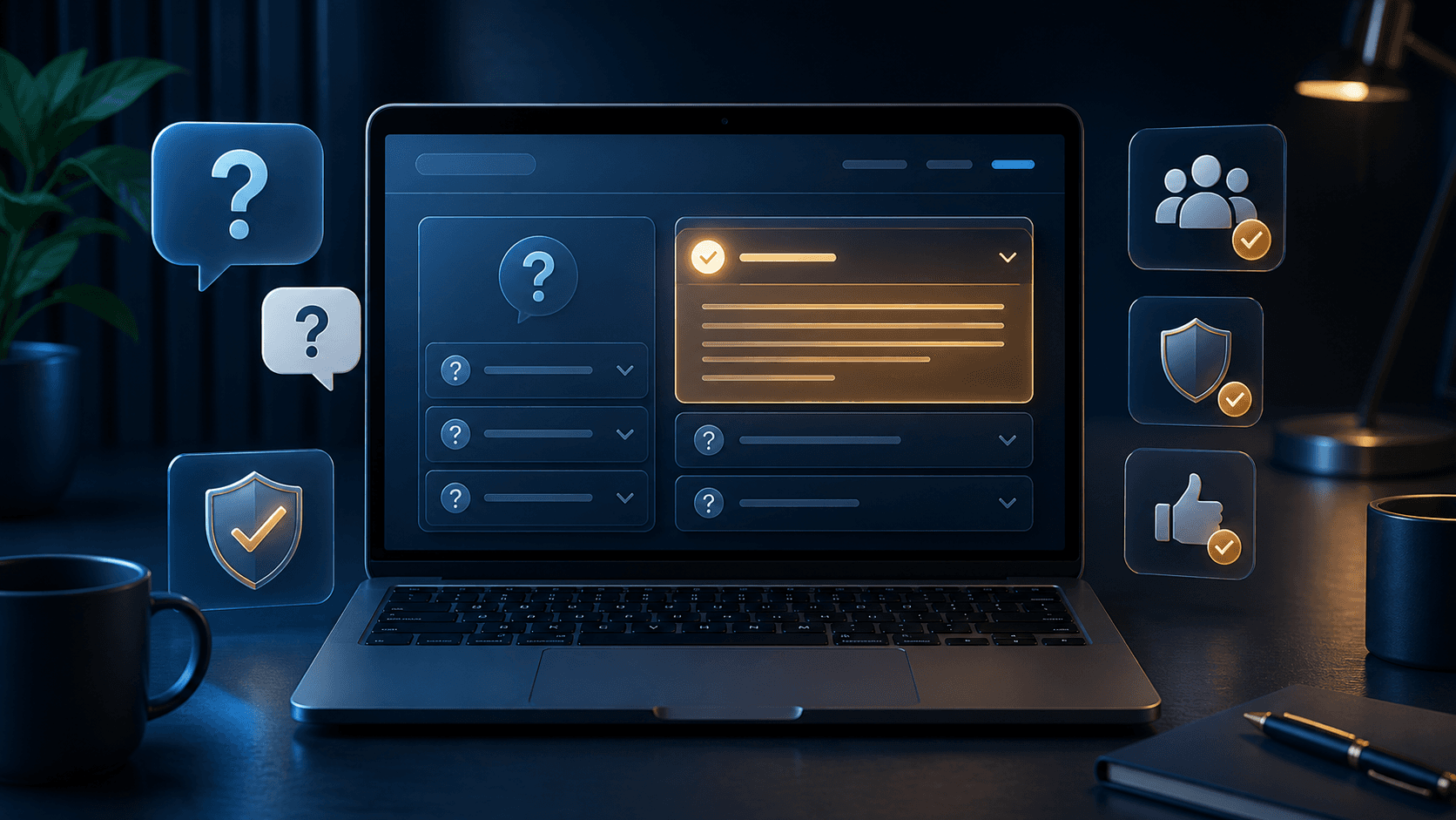 Laptop mit FAQ-Akkordeon, Fragekarten und Vertrauenssymbolen