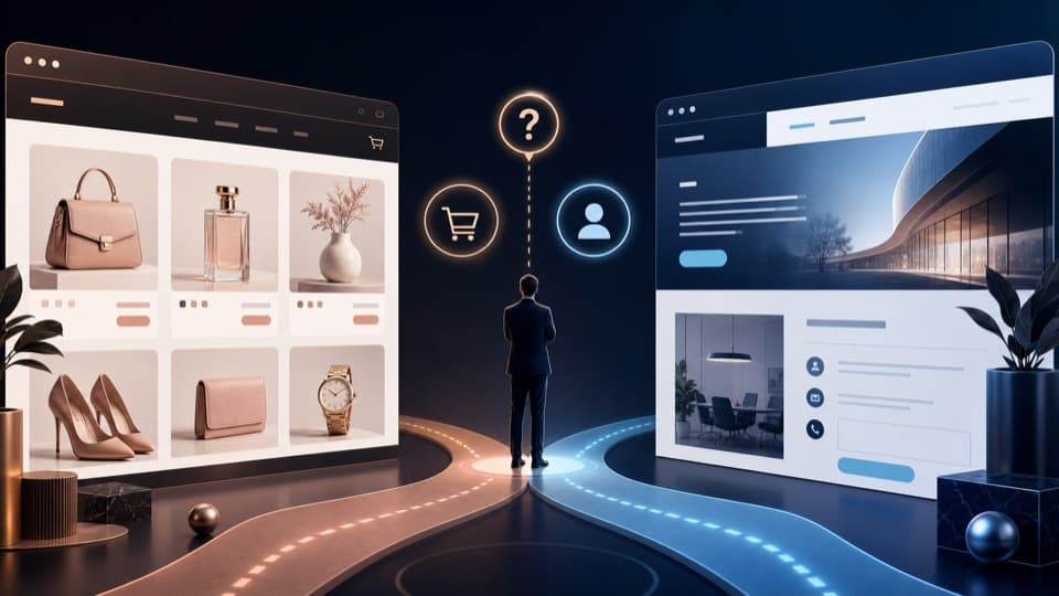 Digitale Entscheidung zwischen Online-Shop und Unternehmenswebsite