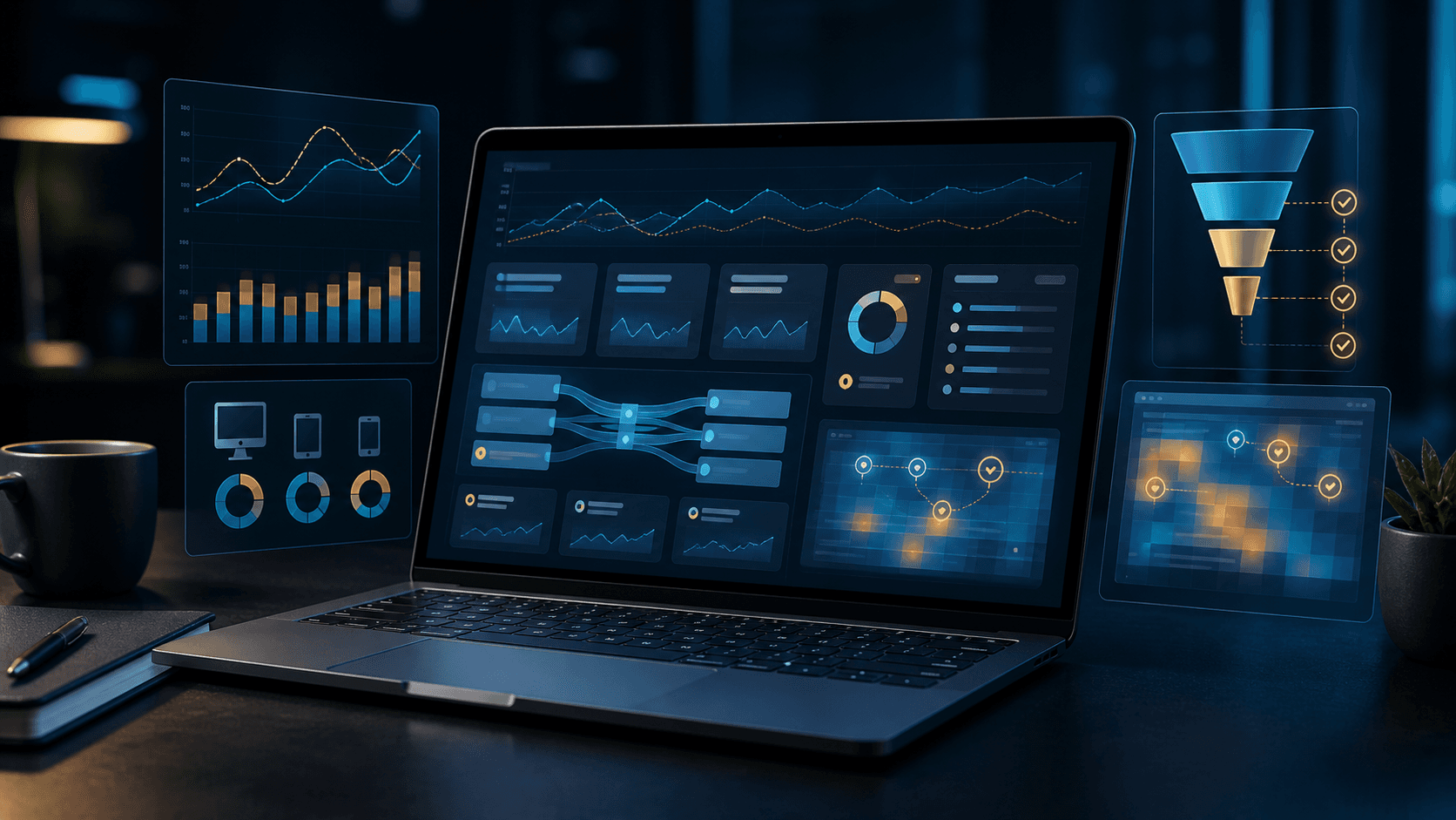 Laptop mit Website-Analytics, Diagrammen, Funnel und Nutzerpfaden