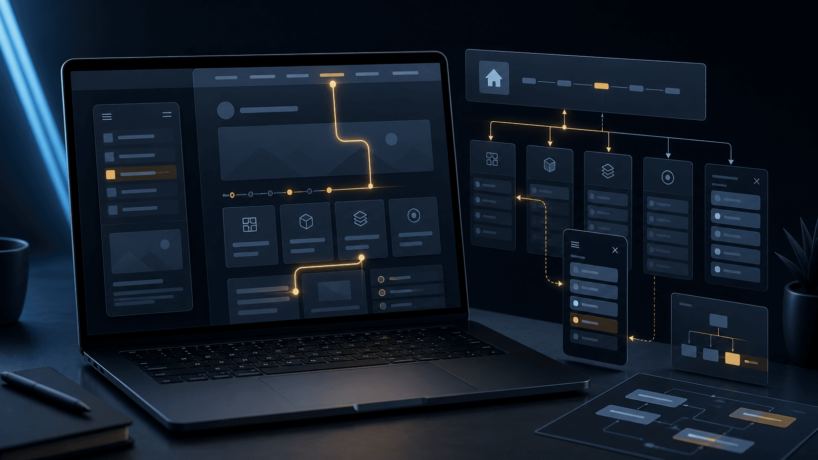 Laptop mit Website-Navigation, Sitemap-Karten und hervorgehobenen Nutzerwegen