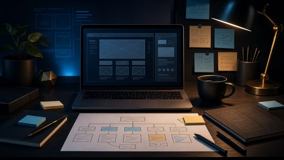 Workspace mit Laptop, Wireframes und Website-Planung