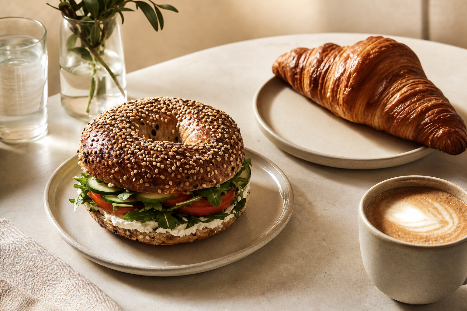 Artisan Bagel Sandwich und Croissant auf einem Keramikteller