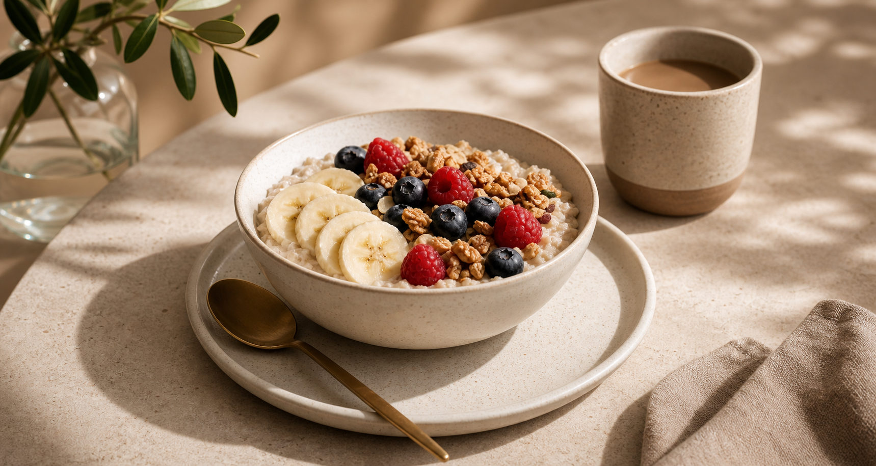 Frühstücksbowl mit Früchten, Granola und Kaffee
