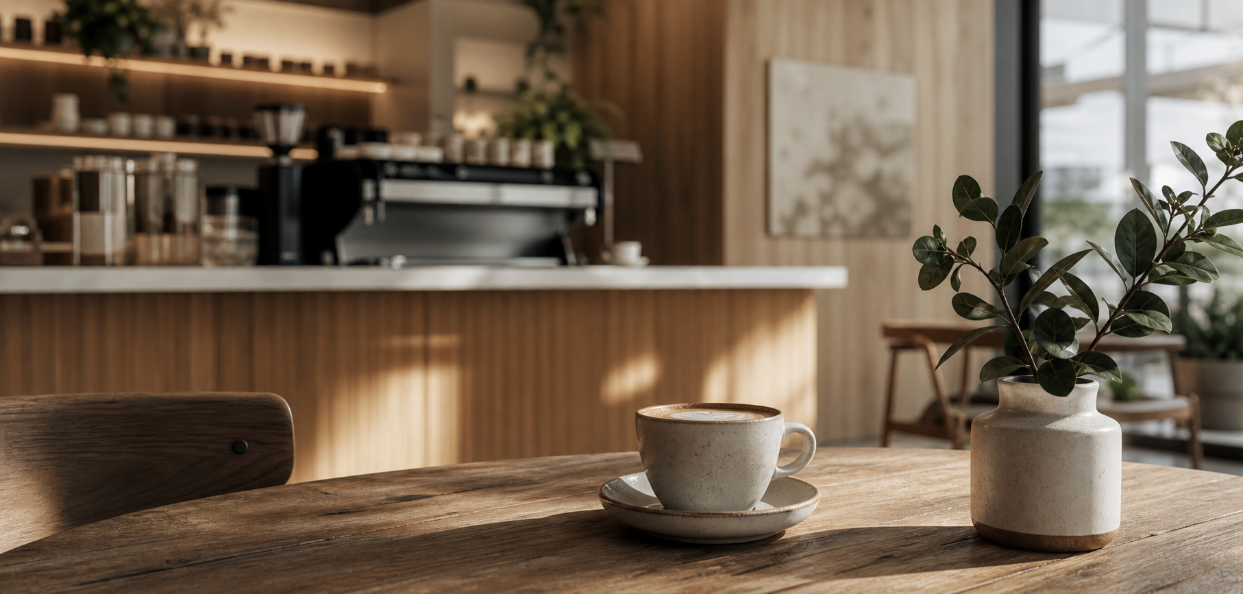 Stilvoller Coffee-Shop-Tisch mit Cappuccino und Pflanzen