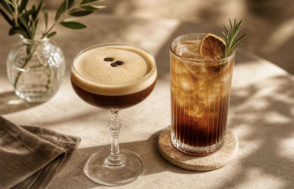 Warmes Coffee-und-Cocktail-Stillleben