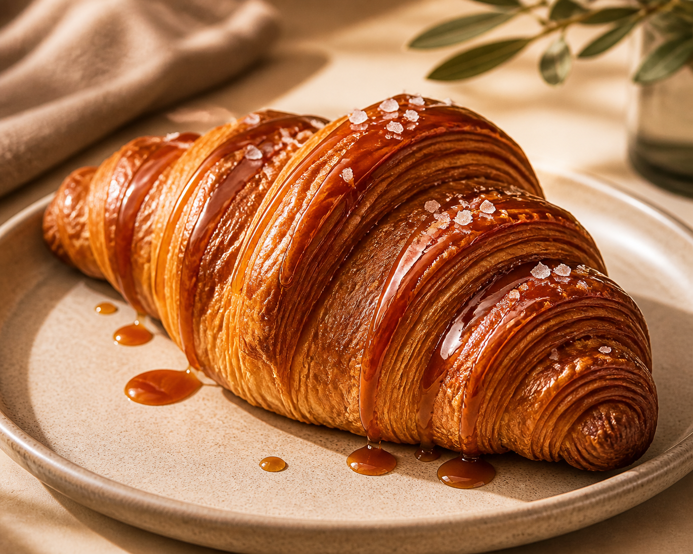 Süßes Dessert und Croissant in sanftem Licht