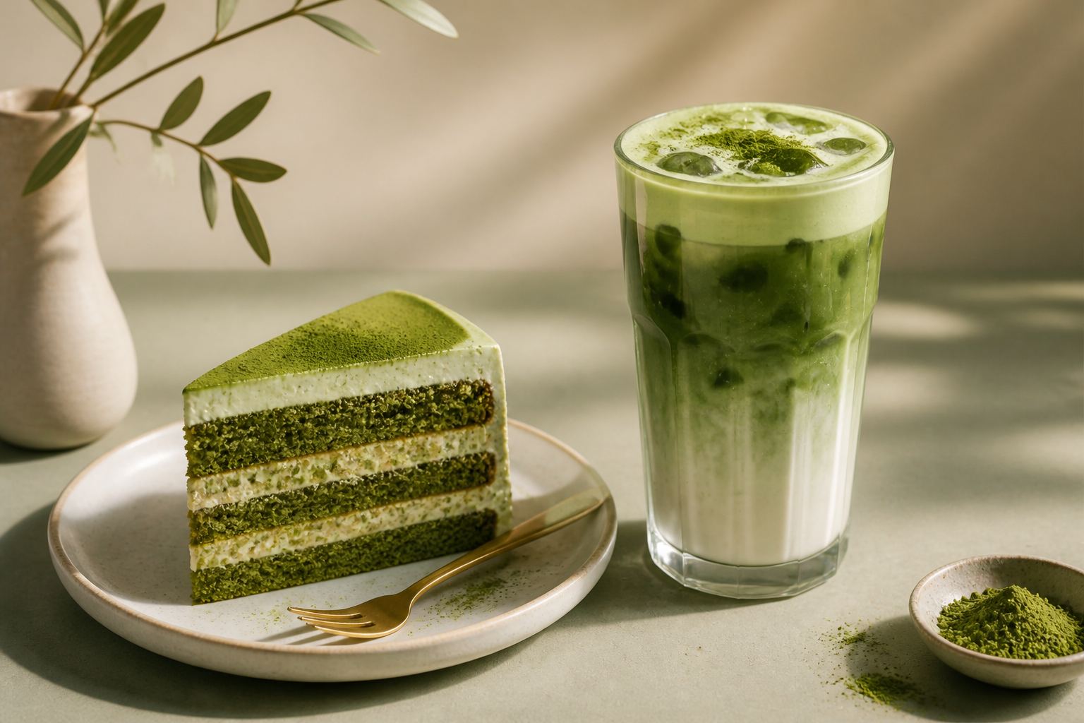 Matcha Cake und Iced Matcha Latte in ästhetischer Präsentation