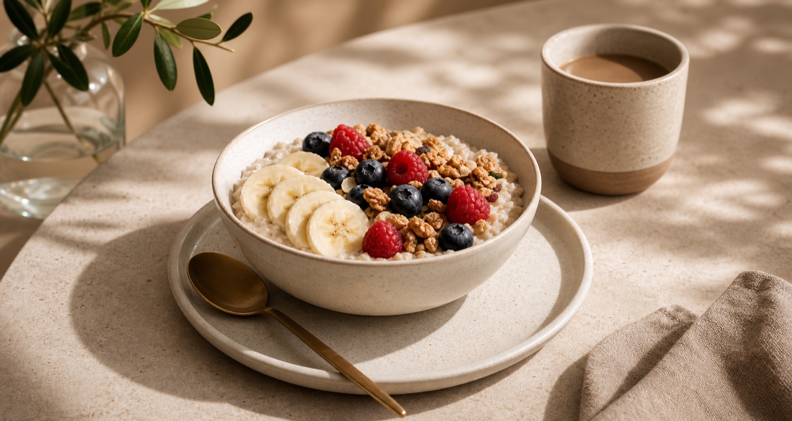 Frühstücksbowl mit Früchten, Granola und Kaffee