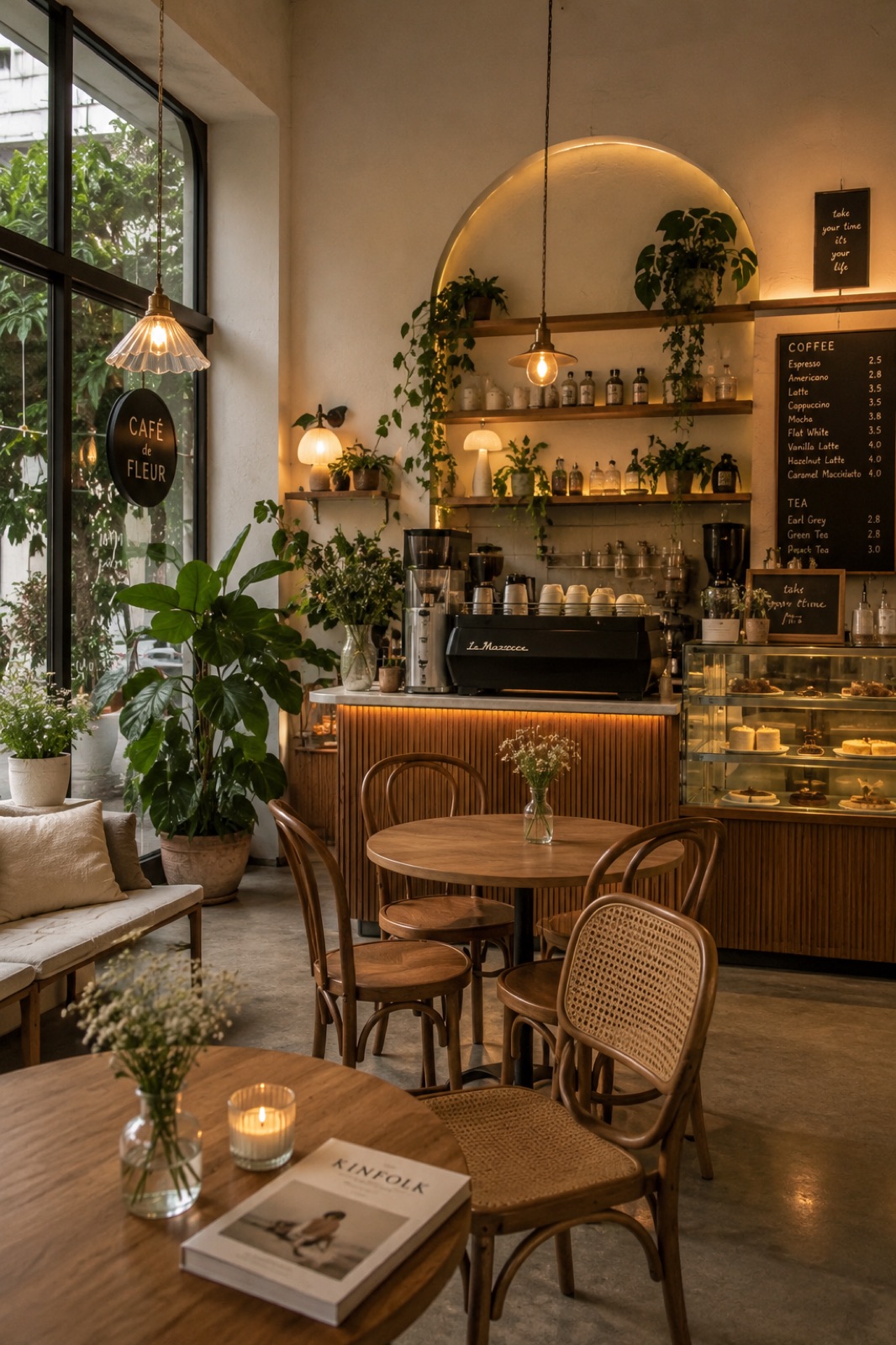 Gemütliches Café-Interieur mit warmem Licht, Pflanzen und Holzmöbeln