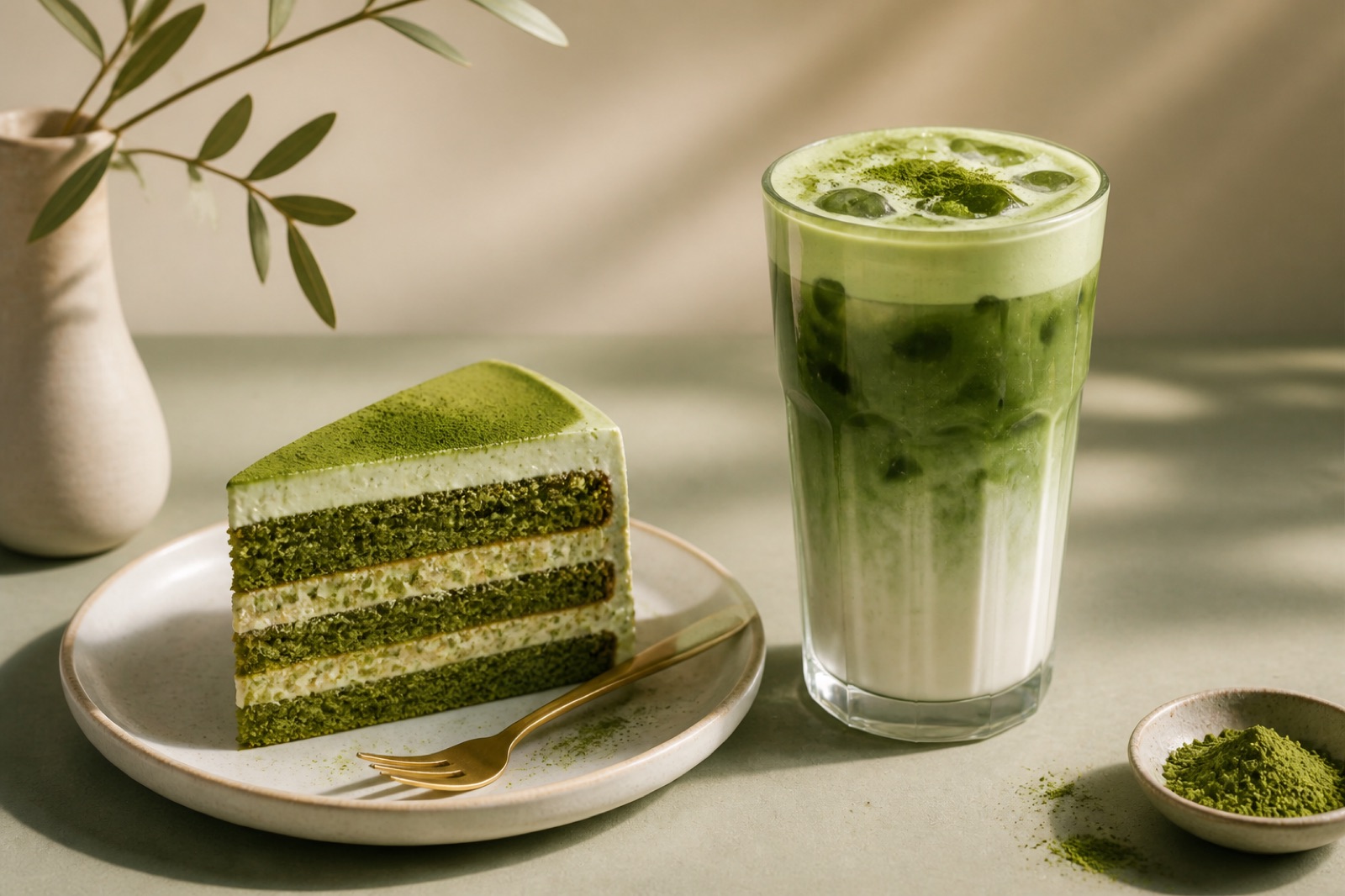 Matcha Cake und Iced Matcha Latte in ästhetischer Präsentation