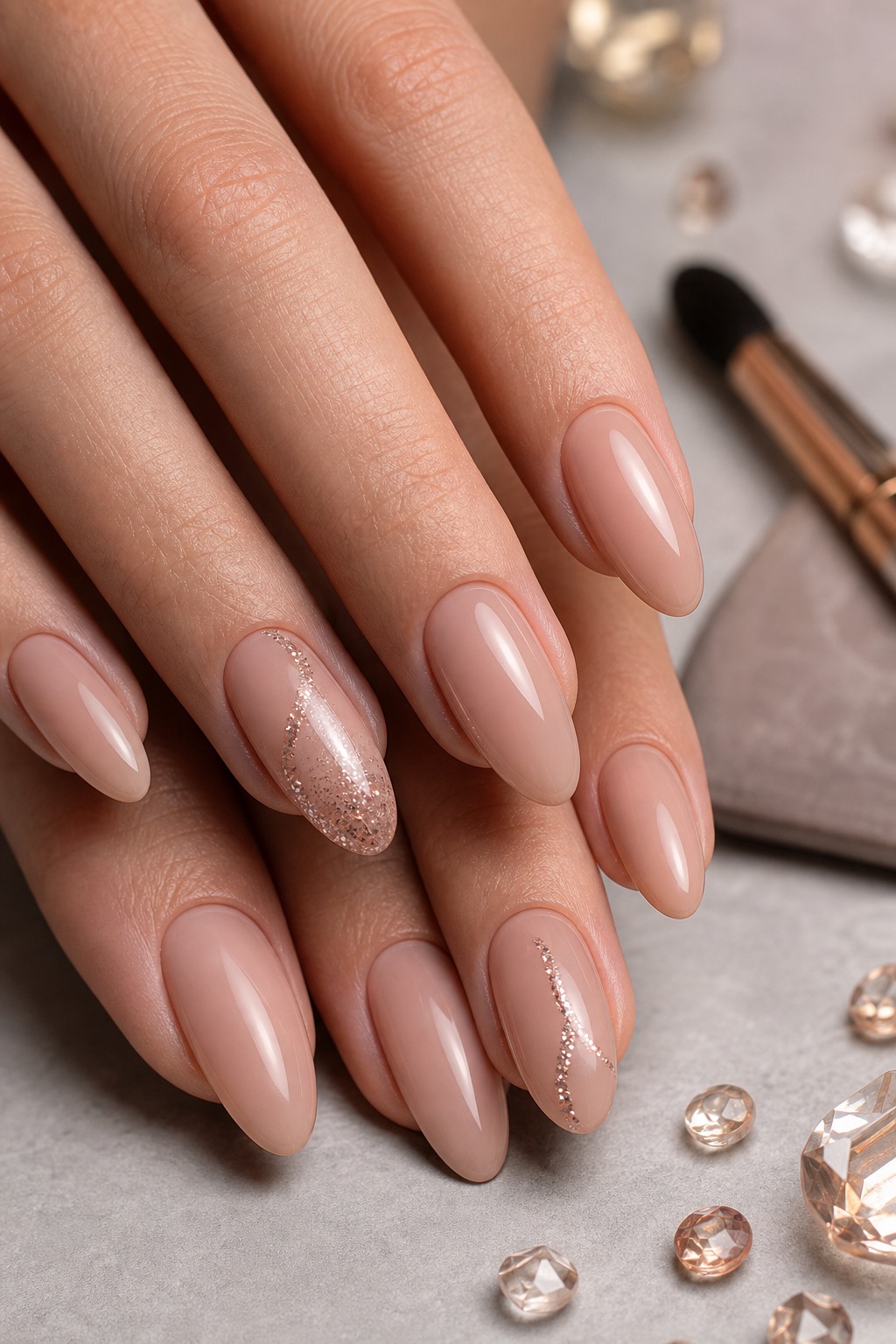 Fiktives Nude-Nageldesign mit Glitzer-Akzent