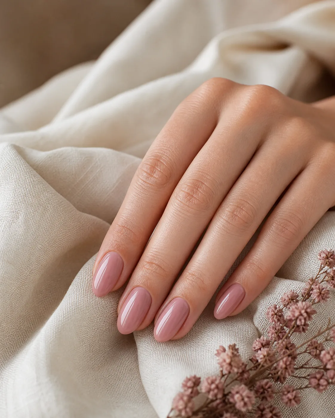 Elegante roséfarbene Gelmodellage auf cremefarbenem Leinen