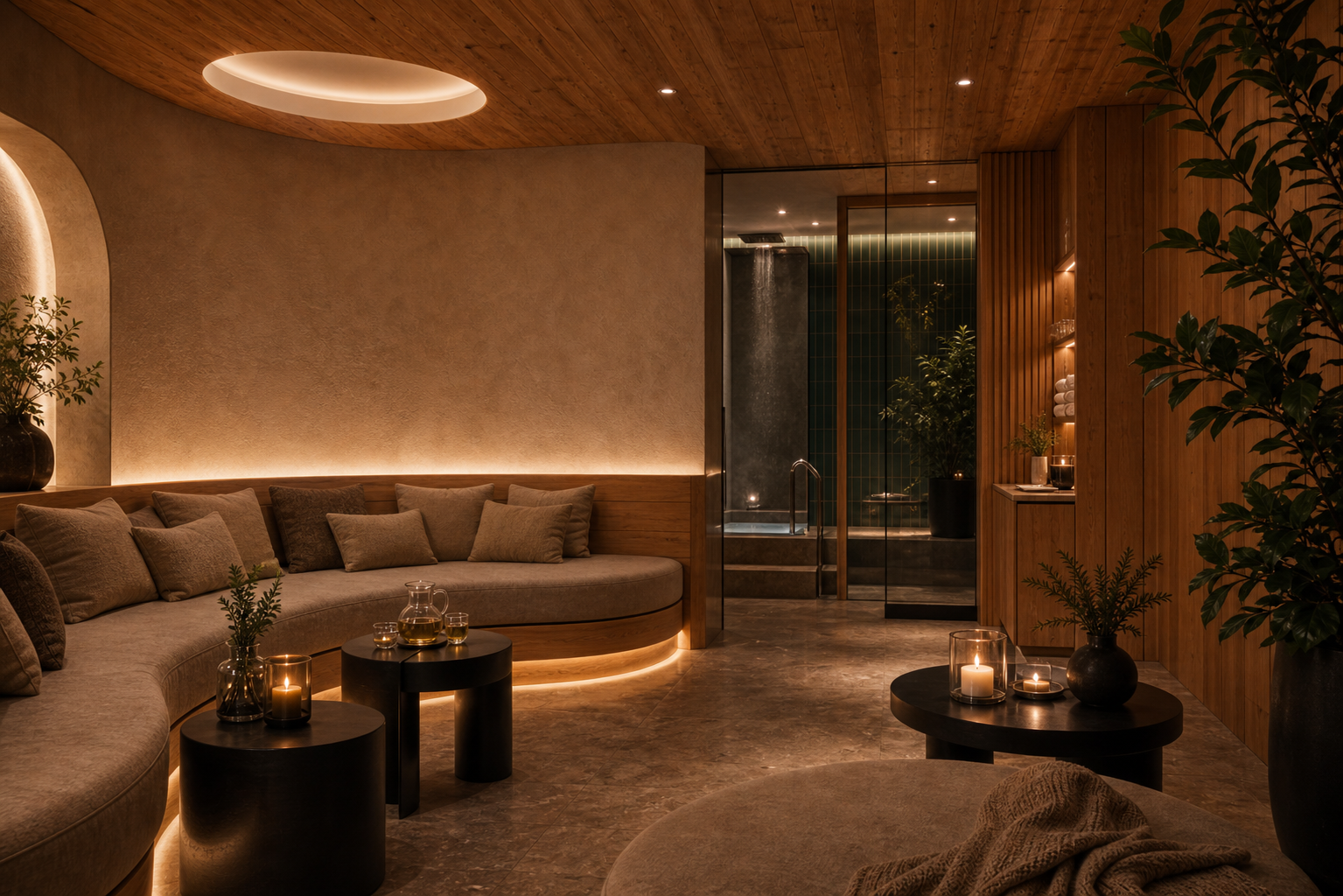 Wellness-Lounge mit Holz, Glas und warmem Licht